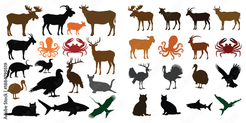 Fototapeta premium Set of black animal silhouettes vector illustration of wild and farm animals