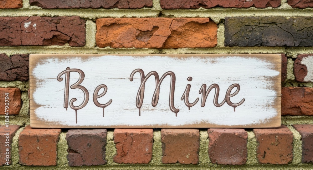 Fototapeta premium A charming wooden 'Be Mine' sign against a rustic brick wall, perfect for Valentine's Day or romantic declarations.