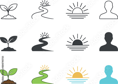 Symbolic Growth Journey. Sprout plant for growth, upward path for progress, sunrise for awakening, human silhouette for inner self