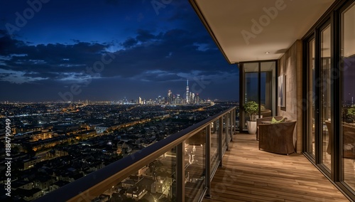 Evening View of City Skyline From Balcony in a Residential Area Overlooking R...