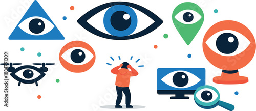 Image Generation. Urban digital scene unfolding in open space where a small human figure senses unease as abstract watching-eye