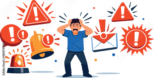 Image Generation. Everyday digital scene unfolding in open space where a tense human figure is surrounded by alarm-like symbols