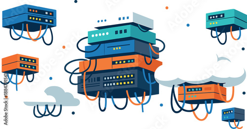 Cloud Chaos Artwork. Cloud technology scene unfolding in open space where bulky server blocks float at different heights, cables