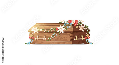 A simple wooden coffin elegantly decorated with delicate floral garlands, symbolizing a serene and respectful farewell in a natural setting.