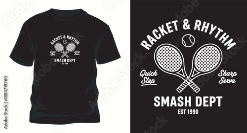 Minimalist tennis department graphic for black t-shirt with racket and rhythm theme