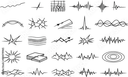 Glacial Fracture Acoustics Icons. Line vector icons of glacial fracture acoustics: slow-creep line, microfracture tick,