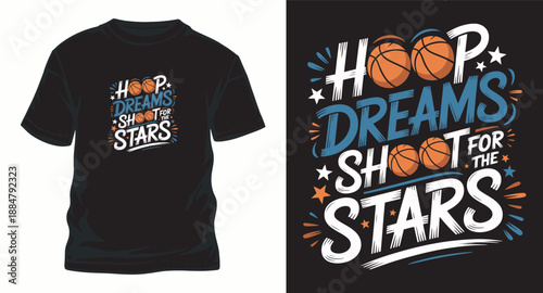 Hoop dreams shoot for stars phrase with basketballs and stars graphic on black t-shirt
