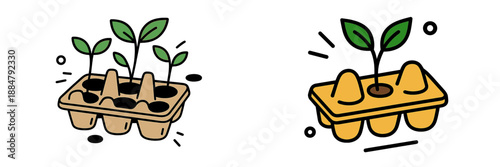 Illustration of seedlings growing in egg carton planters