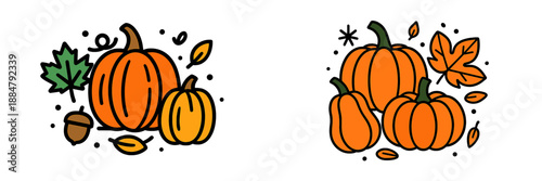 Autumn pumpkins with leaves and acorns in vector illustration