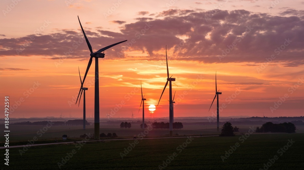 Obraz premium The sun sinks behind the blades of wind turbines