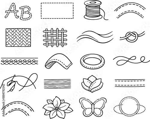 Image Generation. Line vector icons of textile details: embroidered letters, stitched border, thread spool icon, seam curve,