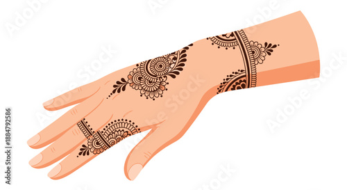 An elegant mehndi design gracefully applied to the back of a hand and fingers, featuring intricate patterns that highlight traditional beauty and culture.