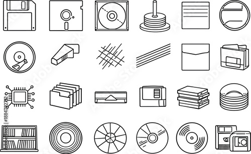 Image Generation. Line vector icons of retro storage media: 3.5'' floppy outline, 5.25'' disk arc, jewel-case tile, CD spindle