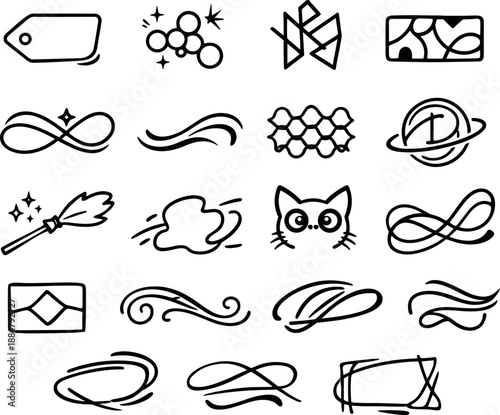 Line vector icons of creative nickname crafting: stylized tag outline, spark node, glyph contour, invented-word