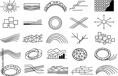 Line vector icons of structured growth dynamics: nucleation spark, layer-build stripe, facet propagation arc,