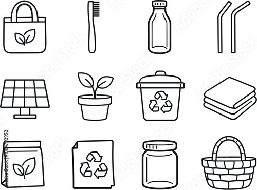 Eco-Friendly Icons Grid. Line style of Green products vector icons: reusable bag, bamboo toothbrush, glass bottle, metal straw;