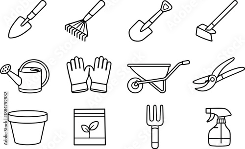 Garden Tools Icons. Line style icons of Garden maintenance: trowel, rake, shovel, hoe; watering can, gloves, wheelbarrow, pruner;