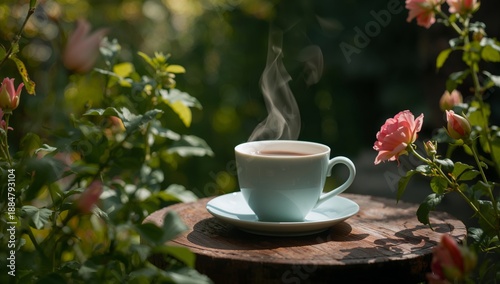 Warm Cup of Tea on a Stone Table Surrounded by Green Plants and Colorful Flow...