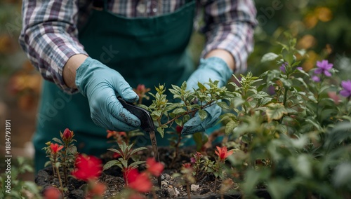 Gardener Trims Plants in a Greenhouse During the Growing Season With Colorful...