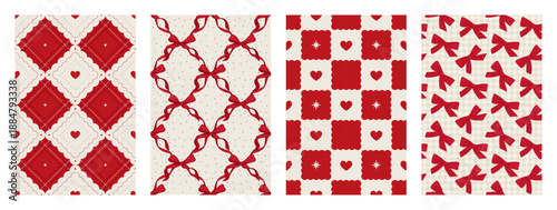 Set of Valentine's day seamless pattern. Red and beige love geometric backgrounds with Heart and Bow. Festive prints for wrapping paper, fabric and textile. Vector illustration