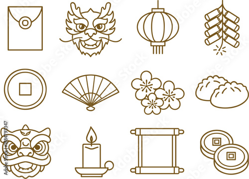 Image Generation. Line style vector icons of Chinese new year: red envelope, dragon, lantern, firecracker; gold coin, fan, cherry
