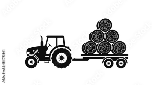 Vector illustration of a farm tractor pulling a trailer loaded with hay bales, on transparent background
