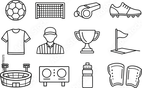 Line style of Soccer game vector icons: soccer ball, goal, whistle, cleats; jersey, referee, trophy, corner flag