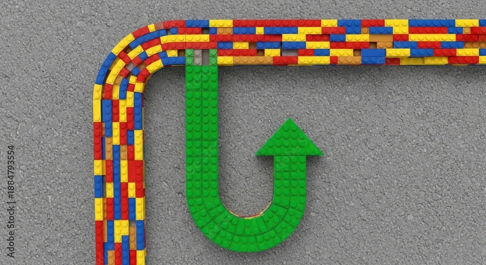Fototapeta premium Colorful Brick Path Leading to Green Arrow on Concrete Background, Success Concept