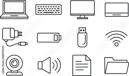 Image Generation. Line style icons of Portable computer: laptop, keyboard, screen, touchpad; charger, battery, USB, Wi-Fi; webcam,