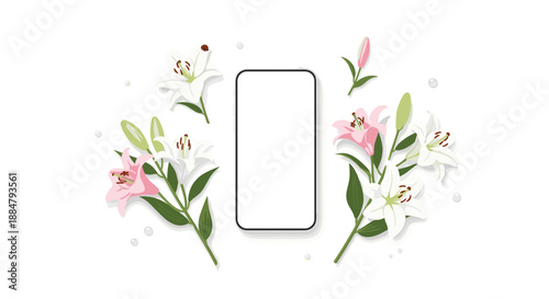 A clean smartphone mockup with a bright white screen, artfully surrounded by a delicate arrangement of white and pink lily flowers, ideal for feminine tech presentations.