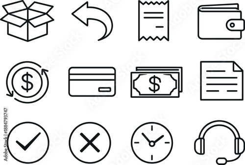 Image Generation. Line style vector icons of Return refund: box open, arrow back, receipt, wallet; refund coin, credit card, cash,