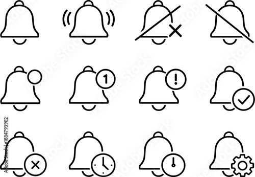 Notification Bell Icons. Line style vector icons of Notification bell: bell, bell ring, bell mute, bell off; alert dot, badge,