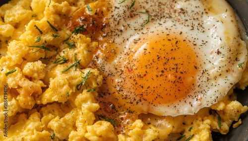 Scrambled Eggs and Sunny Side up Egg Served on a Plate With Herbs and Pepper
