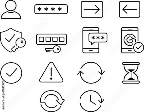 Line style icons of Authentication system: username, password, login, logout; two factor, otp code, sms code,