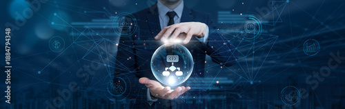 Fotografie Businessman hand hold algorithm design on digital interface and global network