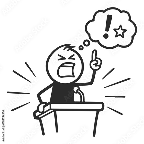 A cartoon character expressing anger and frustration at a desk with an exclamation thought bubble silhouette