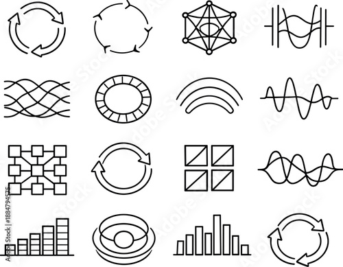 Image Generation. Line style vector icons of subtle discoveries: cycle line, cycle line, sync mesh, resonance bar, flow mesh,