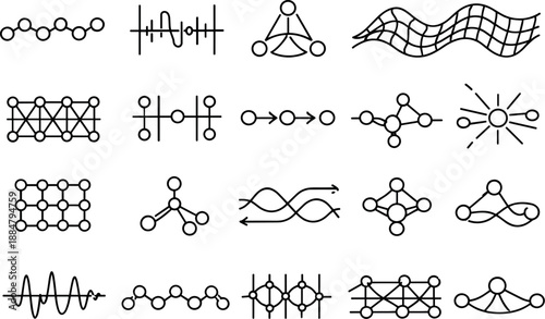 Image Generation. Line style vector icons of artificial intelligence creative tools: propagation bar, timing line, wave node, wave