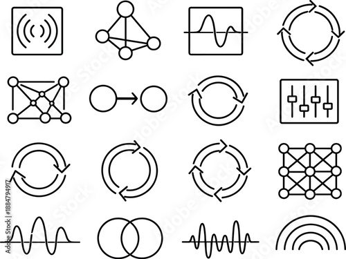 Minimalist App Interface Icons. Line style vector icons of mobile app navigation interface: signal tile, timing node, signal tile,