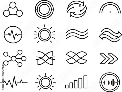 Image Generation. Line style vector icons of financial banking investment services: loop node, variation ring, sync stripe, timing