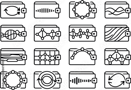 Image Generation. Line style vector icons of cryptocurrency blockchain wallets: feedback band, timing bar, pattern ring, wave arc,