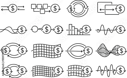 Image Generation. Line style vector icons of payment processing refunds and chargebacks: flow bar, flow tile, interval ring,