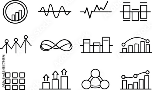 Image Generation. Line style vector icons of data visualization bar charts: signal ring, resonance line, signal line, interval