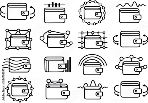 Image Generation. Line style vector icons of cryptocurrency blockchain wallets: feedback band, timing bar, pattern ring, wave arc,