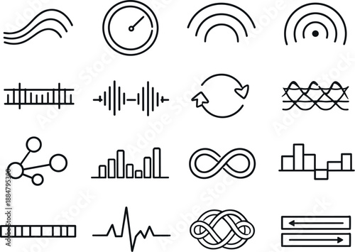 Image Generation. Line style vector icons of team collaboration workspace communication tools: wave arc, timing ring, resonance