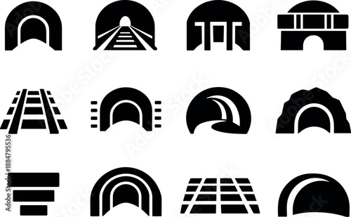 Image Generation. Solid vector icons of underground tunnel: arched tunnel outline, receding perspective lines, support beams tile,
