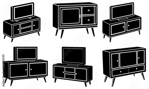 Collection of modern furniture designs featuring TVs and entertainment centers in various styles and configurations