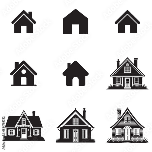 Set of city skyline silhouettes. Vector black icons of urban landscapes, modern skyscrapers, industrial factories, bridges, and suburban houses isolated on white background.