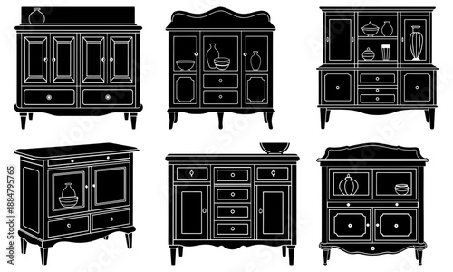Various antique furniture pieces, including cabinets and dressers, displayed with different objects inside, shown from a front viewpoint.