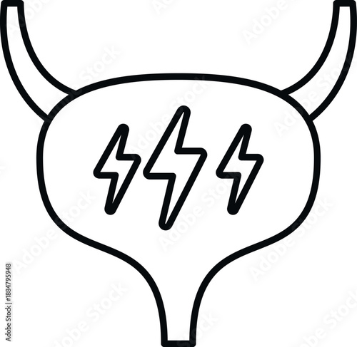 Bladder organ with lightning bolts representing pain or inflammation